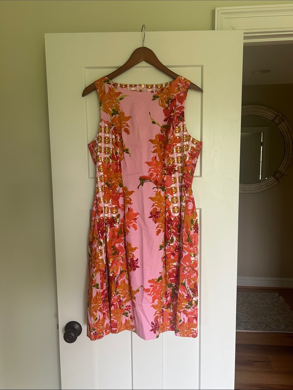 Donna Morgan Pink Floral Sleeveless Sheath Dress with Orange Accents
